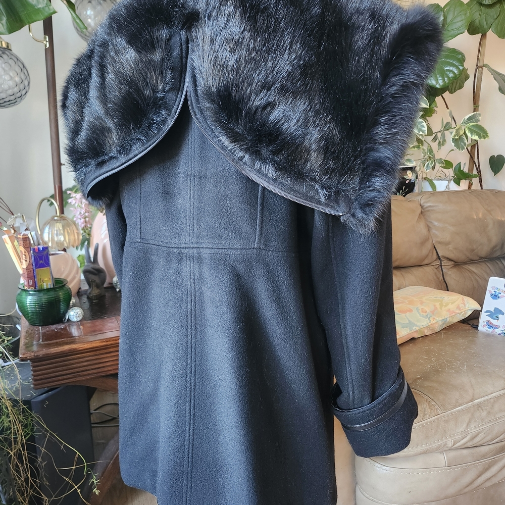 SAGA 80s 90s VINTAGE Elegant Black Fox Fur-Trimmed Women's Coat Cashmere WOOL Lg - Picture 11 of 16